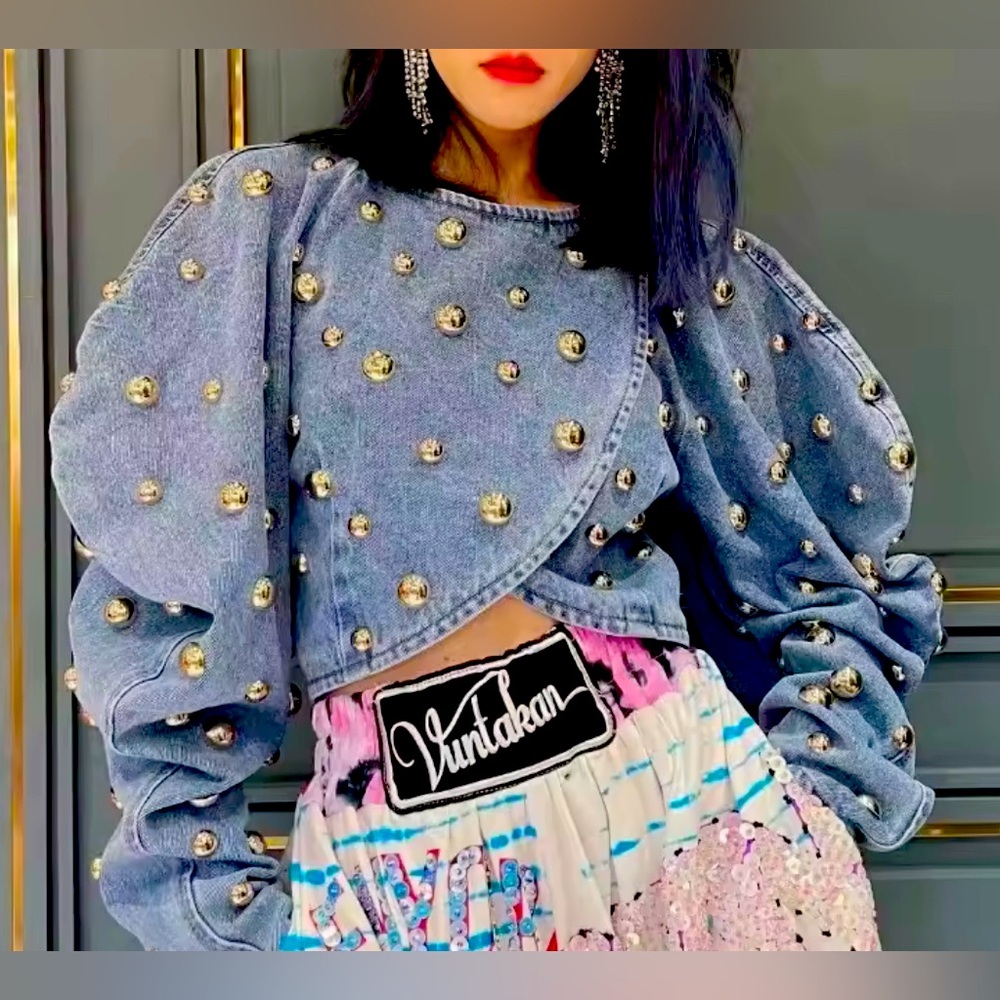 NEW $98 Pop Culture Blue Denim Embellished Women's Top